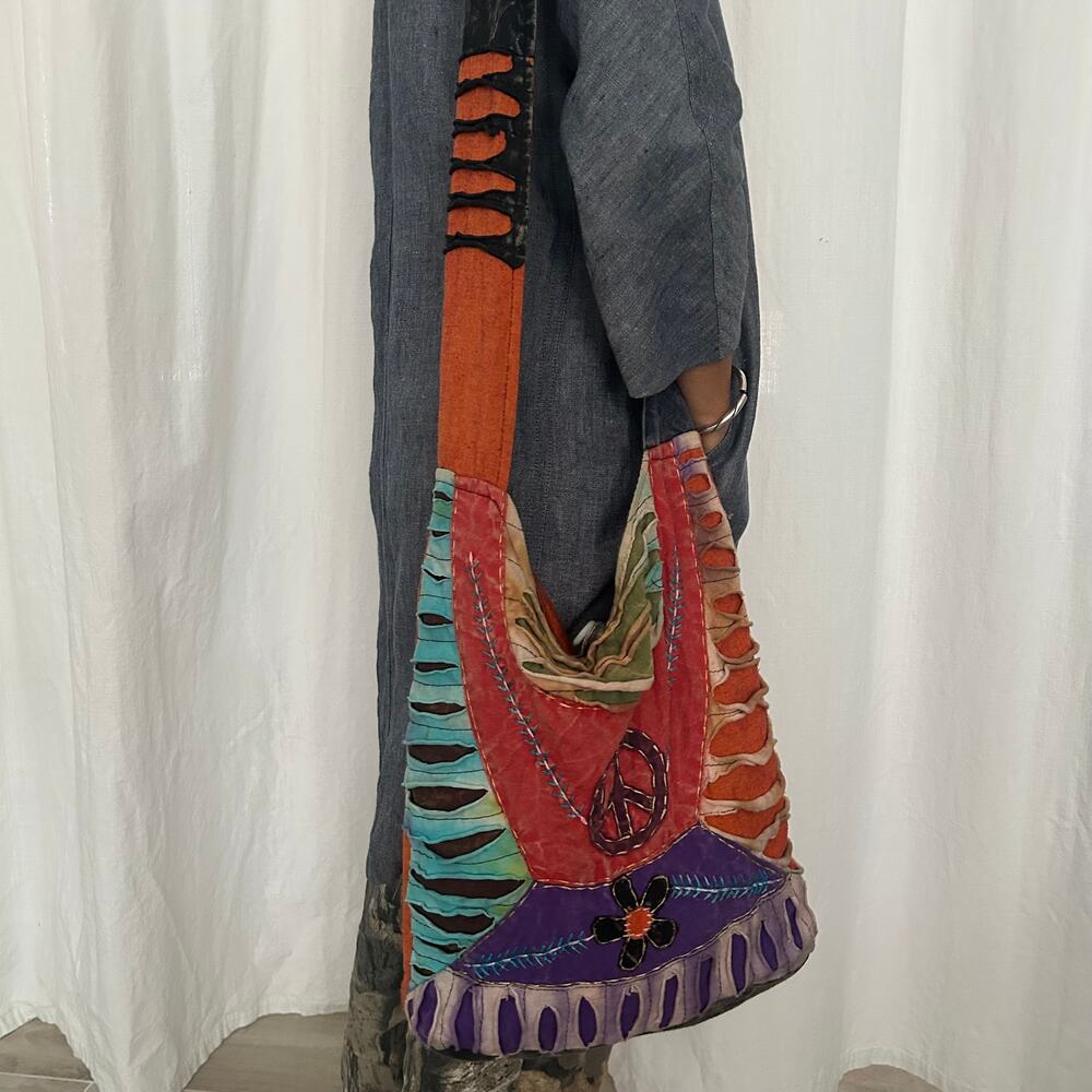 Handmade Nepal Tie-Dye Patchwork Peace Boho Hobo Bag – Cotton Crossbody - EUC